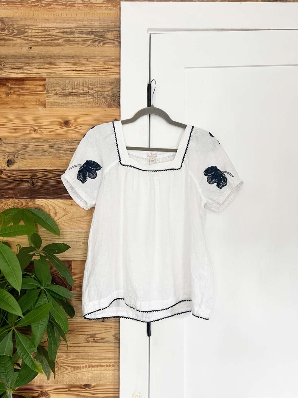 J.Crew White Linen Square Neck Embroidered Puff Sleeve Top Medium - Picture 3 of 6